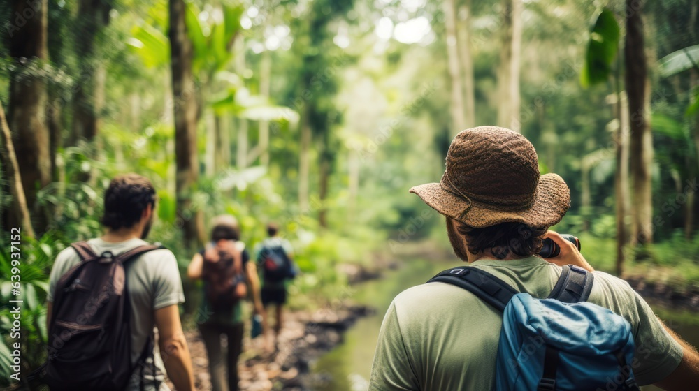 tourists enjoying an eco-tour in Amazon forest, engaging responsibly with nature. tourists enjoying an eco-tour in Amazon forest, engaging responsibly with nature.
