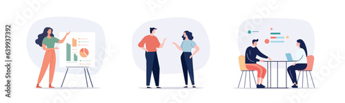 Woman giving a presentation. Two colleagues speaking. Two coworkers discussing the project. Three scenes in office life. Vector illustration. 