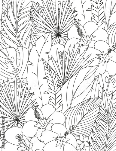 Coloring page of tropical flowers and leaves. Antistress for adults and children.