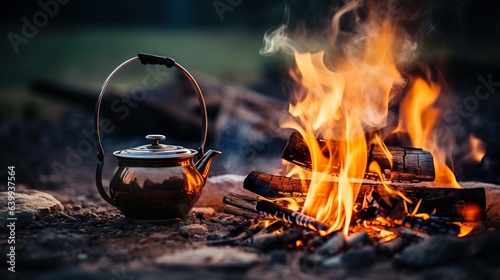 Coffee & Campfire: The Outdoor Brew with a Small Kettle, generative Ai