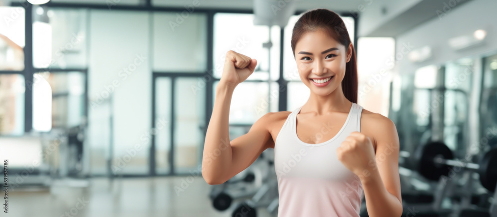Asian female fitness trainer smiling at camera in fitness background Asian female fitness trainer smiling at camera in fitness background