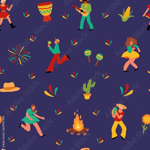 Festa junina festival seamless pattern. Repeated country holiday elements, harvest party people, dancers and musicians, vector illustration © Vectorcreator
