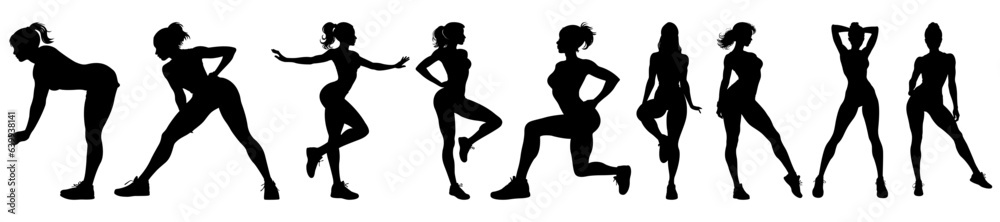 A lot of vector black silhouettes of beautiful womans on white background