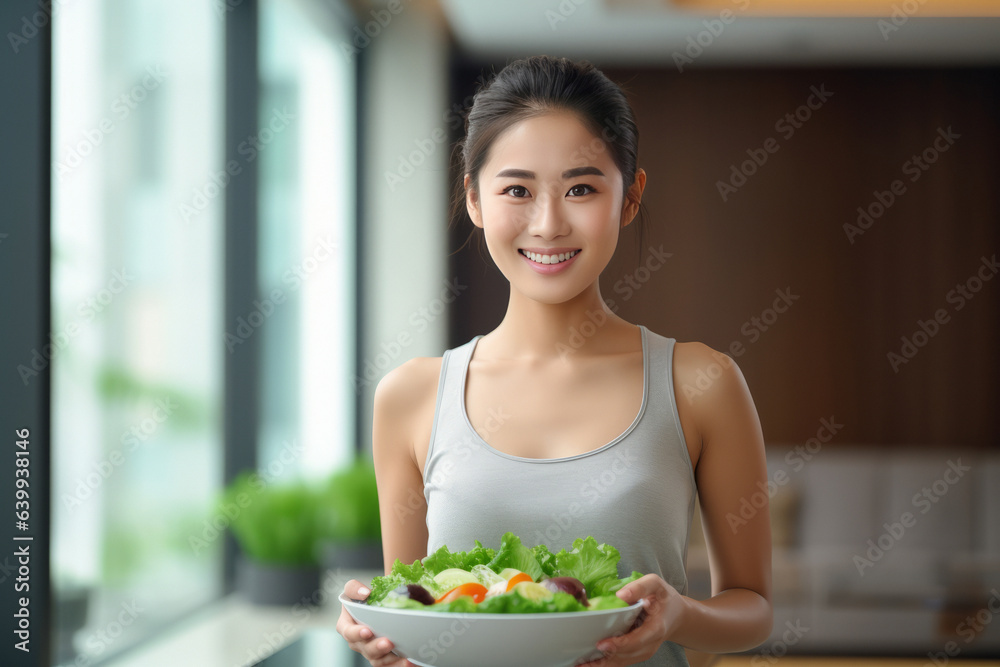 Beautiful young Asian woman holding a bowl with healthy food.generative ai
Beautiful young Asian woman holding a bowl with healthy food.generative ai