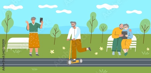 Elderly people use modern gadgets in city park. Seniors with devices  taking selfies  chatting in video  riding scooter. vector illustration