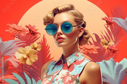 Tropical photo collage, in the style of modernism-inspired portraiture, retro pop art inspirations, luminous palette