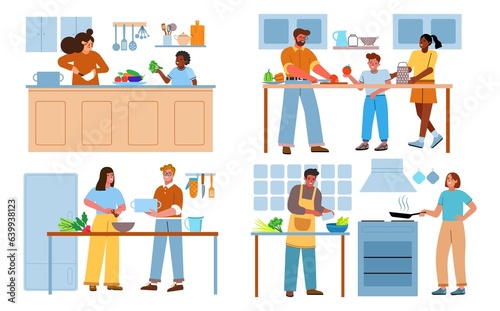 Friendly family cooks lunch together. Happy parents with children, couples in love in kitchen, homemade food preparing process, vector set