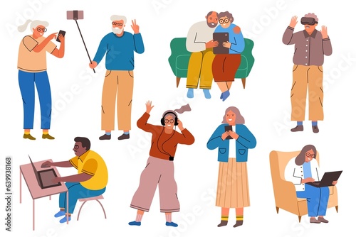 Seniors use modern devices. Cartoon old people with electronic gadgets, happy grandparents chat in chats, listen to music, play, vector set