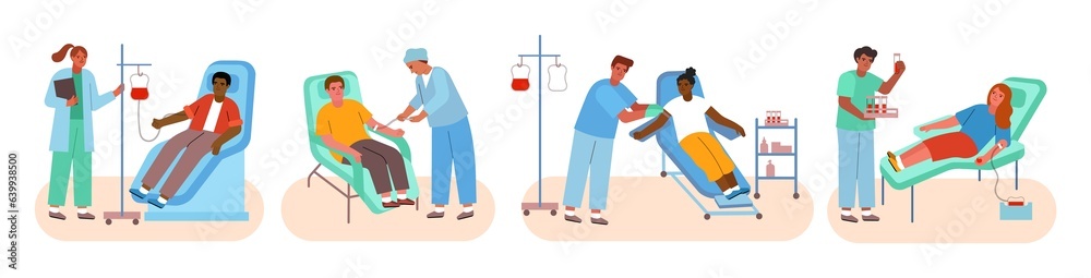 People in donor chairs donate blood. Nurses put ivs and take test tubes, hospital characters, cartoon doctors and patients, vector set People in donor chairs donate blood. Nurses put ivs and take test tubes, hospital characters, cartoon doctors and patients, vector set