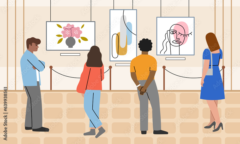 Visitors at modern art exhibition. People view paintings in museum hall, artistic gallery interior, beauty connoisseurs, vector illustration - obrazy, fototapety, plakaty 