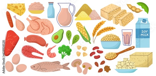 Protein food. Cartoon dairy and meat products, diet healthy meal, healthcare, avocado, broccoli, cereals, organic ingredients, vector set