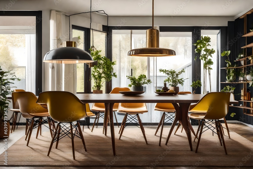 Mid-century modern dining area with an iconic table and Eames chairs ...