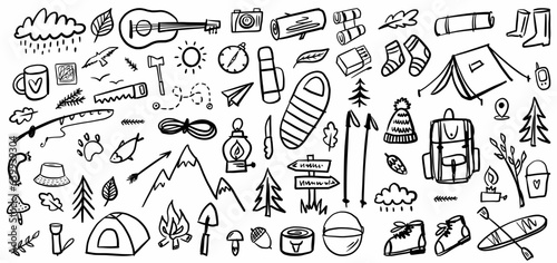 Vector collection of camping and hiking items in the doodle style.