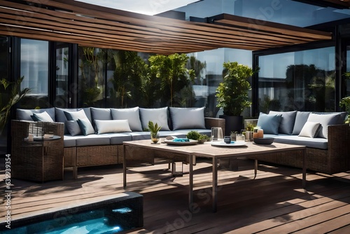 Modern outdoor terrace with a glass-top table and comfortable lounge chairs © MuhammadAslam