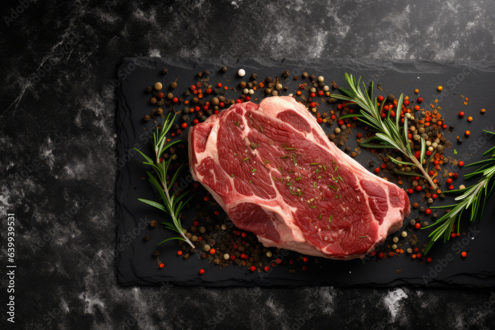 Fresh raw steak with peppercorns and a sprig of rosemary on a beautiful dark background, with space for text, logos or inscriptions.generative ai
