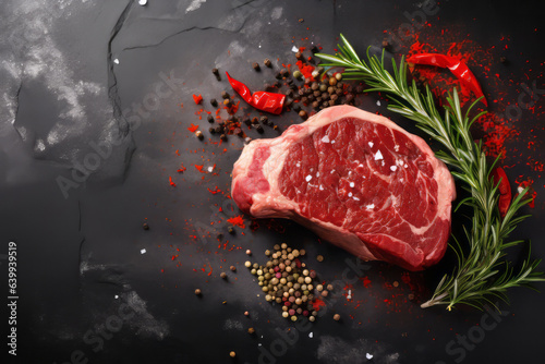 Fresh raw steak with peppercorns and a sprig of rosemary on a beautiful dark background, with space for text, logos or inscriptions.generative ai 