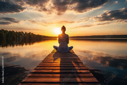 Eine junge Frau meditiert auf einem Steg am See, Yoga