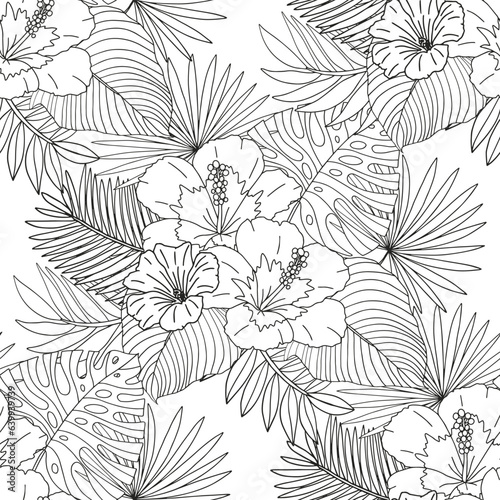 Coloring page of tropical flowers and leaves. Antistress for adults and children.