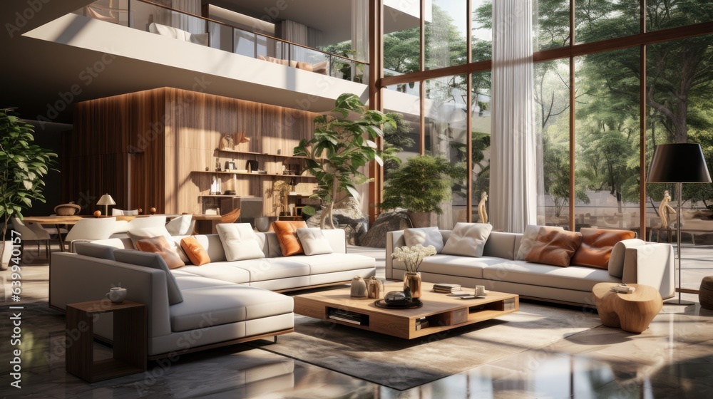 Modern living room interior in luxury open to below house. Glossy floor, large white corner sofa, coffee table, dining area. Floor-to-ceiling windows with garden view. Contemporary home decor.
