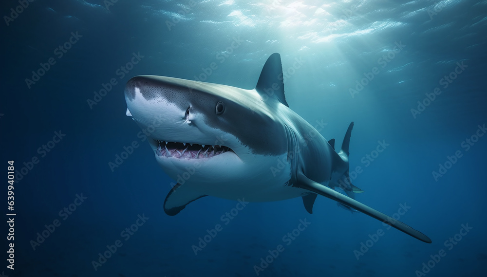 Naklejka premium great white shark in the sea; light shining from the surface