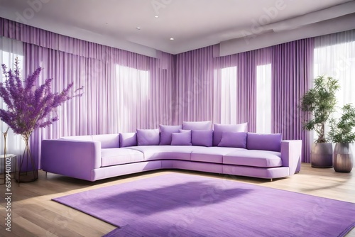 A tranquil lavender modern sofa  off white Japanese zen-inspired meditation room