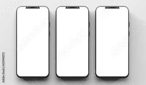 three phones mockup set with blank screen. Smartphone isolated on white background. Mobile Phone Template