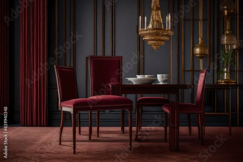 A maroon modern dining chair in a colonial-style dining room