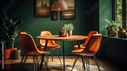 Orange leather chairs at round dining table against green wall. Scandinavian, mid-century home interior design of modern living room.