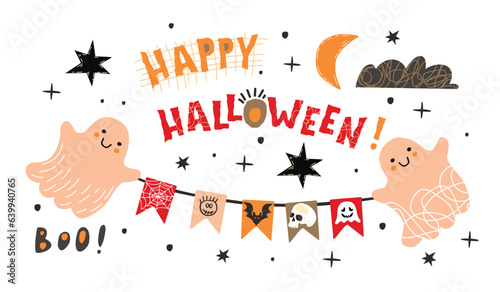 Happy Halloween!Funny colorful banner with cute  characters and hand written text.Cartoon ghosts with a garland,stars,moon,cloud and doodle elements.Vector hand drawn illustration isolated on a white.