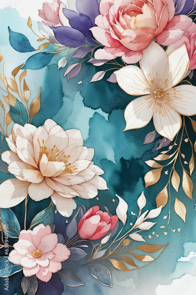 Spring floral in watercolor background. Luxury wallpaper design with flowers, line art, golden texture. Elegant gold blossom flowers illustration suitable for fabric, prints, cover, vivid flowers,