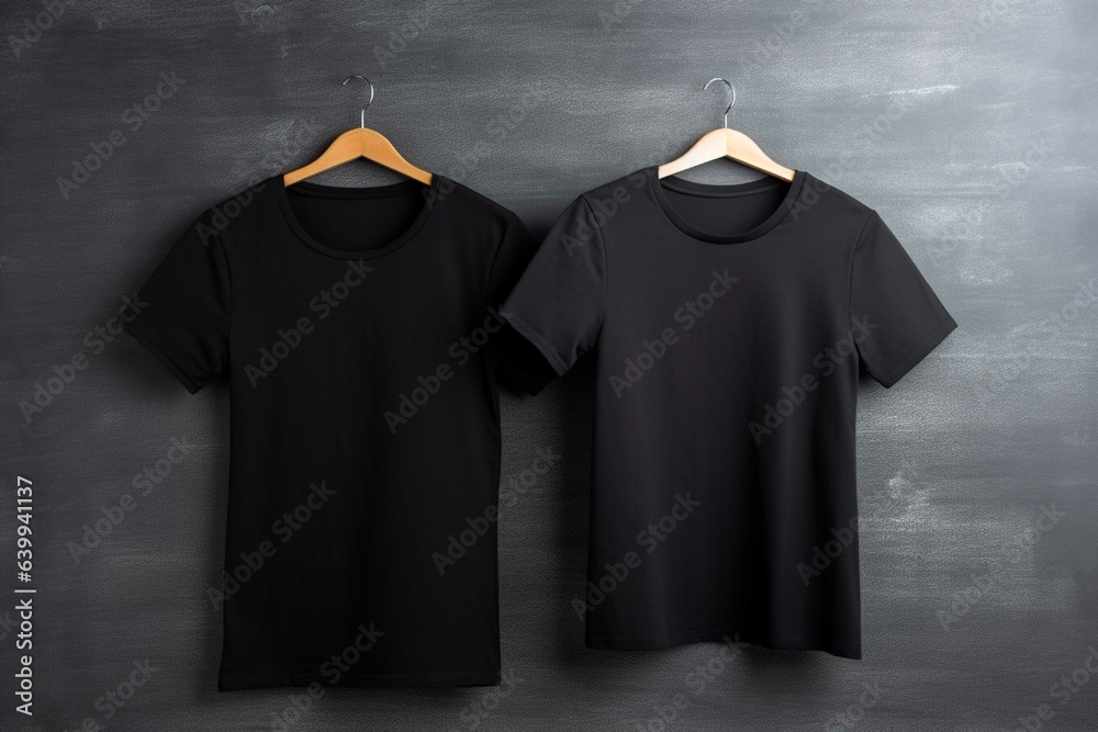 Black tshirts on hanger on brown wooden background Black tshirts on hanger on brown wooden background