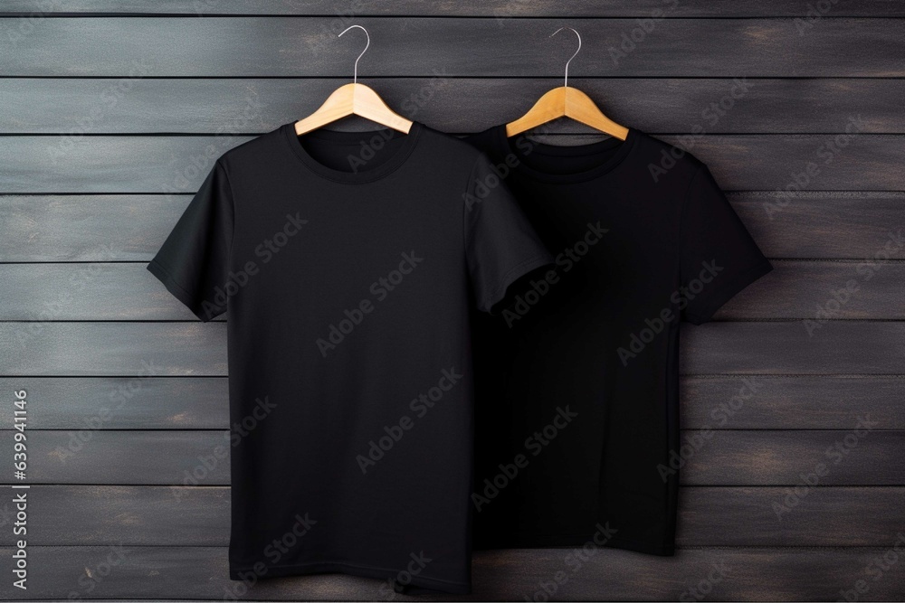 Black tshirts on hanger on brown wooden background Black tshirts on hanger on brown wooden background