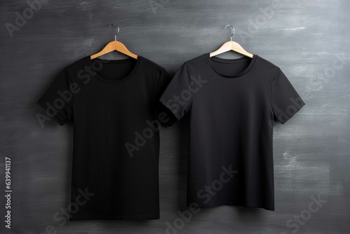 Black tshirts on hanger on brown wooden background