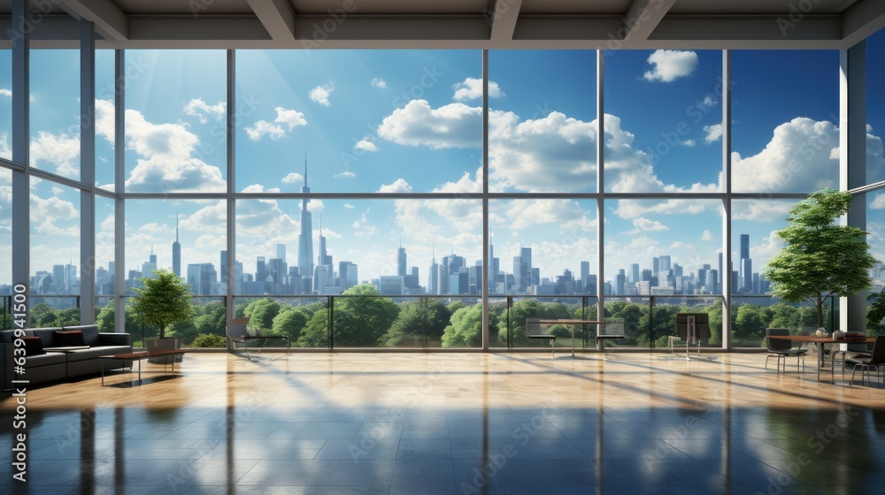 Interior of luxury open space office area in modern building. Glossy floor, chillout area, huge floor-to-ceiling windows with city park and urban skyscrapers view. Template, 3D rendering.