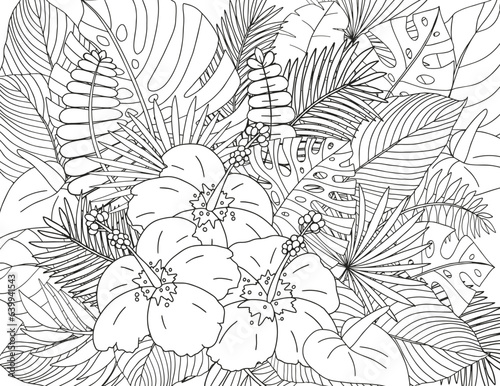 Coloring page of tropical flowers and leaves. Antistress for adults and children.