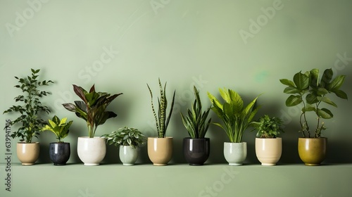 Potted plants on a wooden shelf, green wall background