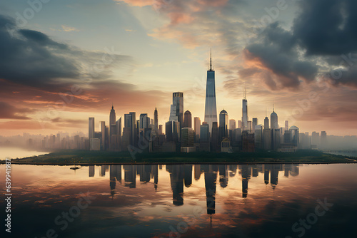 Beautiful skyline at sunset with reflection