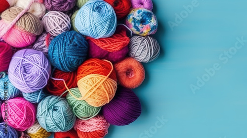 Crochet background with assorted colorful yarn and knit accessories over blue. Generative Ai