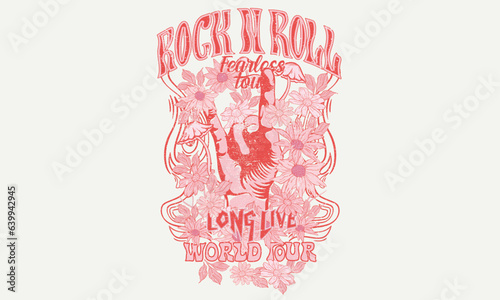 Rock and roll t-shirt print design. Make some noise. Flower garden with mushroom. Music world tour poster. Fearless design.