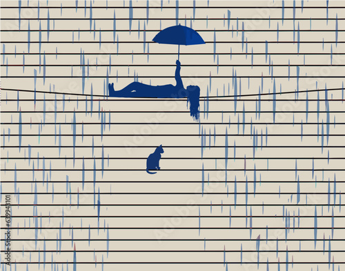 A girl lies under her umbrella in the rain while keeping her pet cat dry from the storm in this illustration image.