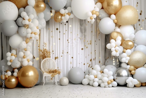 Wedding arch decorated with white and golden balloons.  Birthday decor