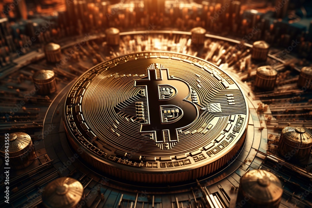 Golden bitcoin on the background of coins and graph 3d illustration