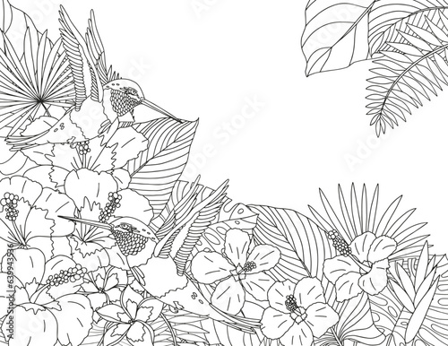 Coloring page of tropical flowers and leaves. Antistress for adults and children.