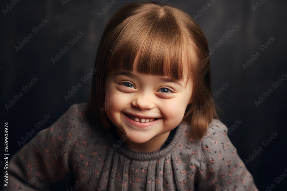 Beautiful little smiling girl with down syndrome. Happy life with down syndrome.generative ai
Beautiful little smiling girl with down syndrome. Happy life with down syndrome.generative ai