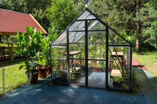 Greenhouse in the garden. Glass small compact greenhouse for growing flowers, vegetables, seedlings of various plants. Gardening. Beautiful glass building house in yard. Hobby no dig.