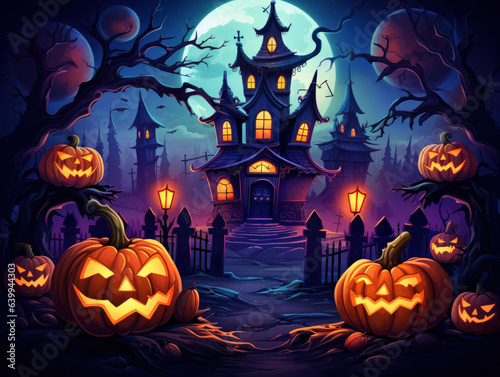 Halloween castle with pumpkins in front of the moon photo