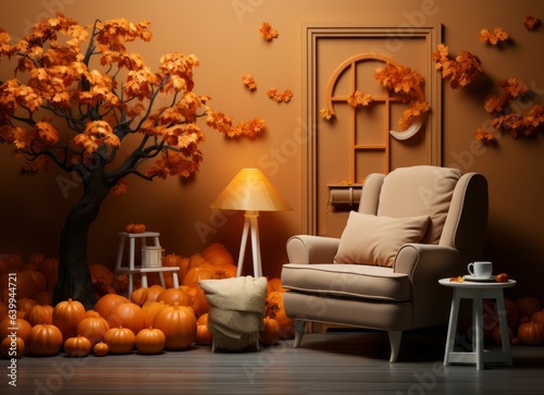 Halloween party in living room decorations with pumpkins © mia.n_official