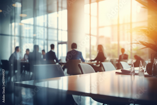 Beautiful business or office background with focus on empty office table space with employees in the background.generative ai