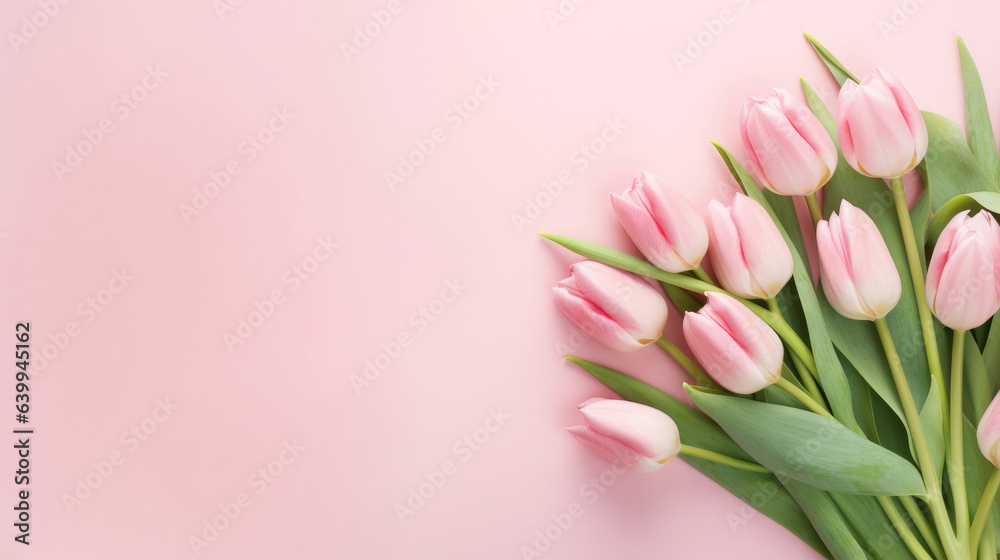 Greeting card of bouquet of pink tulips on a pastel pink background with copy space