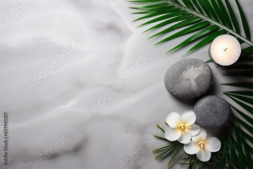 Beautiful relaxing background with stones  fern and flowers with space for products  text or logo  top view.generative ai 